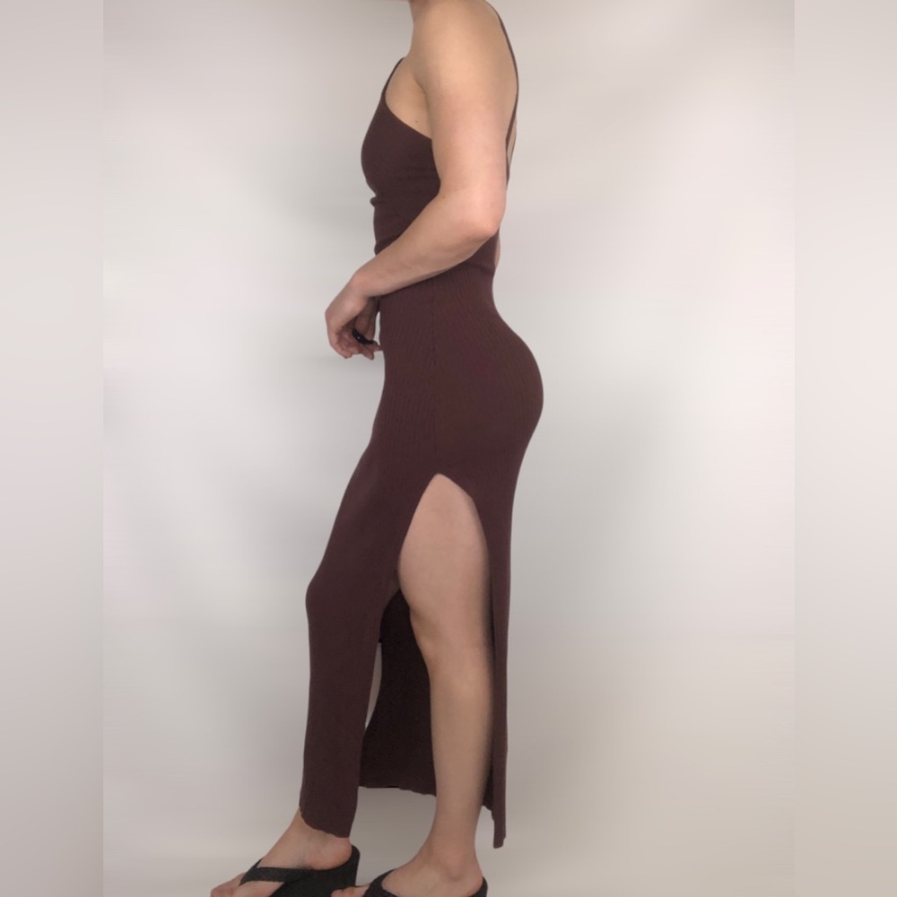MESHKI Halter Ribbed Side Slit Maxi Bodycon‎ Brown Dress Size S - Picture 3 of 7